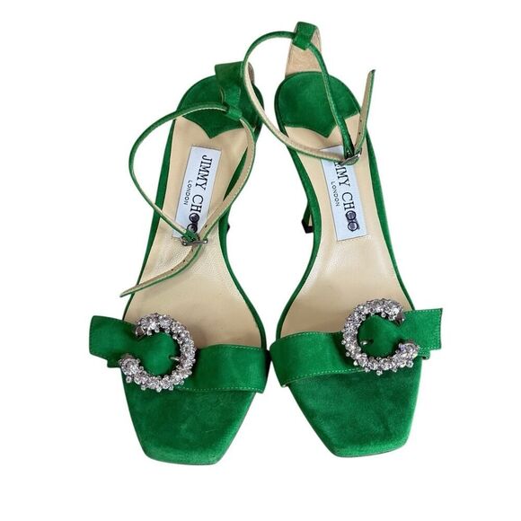 Jimmy Choo Marsai 90 Crystal Buckle Green Suede Sandals EU37.5 - Picture 5 of 11